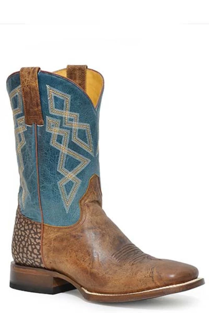 'Roper' Men's 11" Merritt Western Square Toe - Waxy Tan / Burnish Blue 3 'Roper' Men's 11" Merritt Western Square Toe - Waxy Tan / Burnish Blue